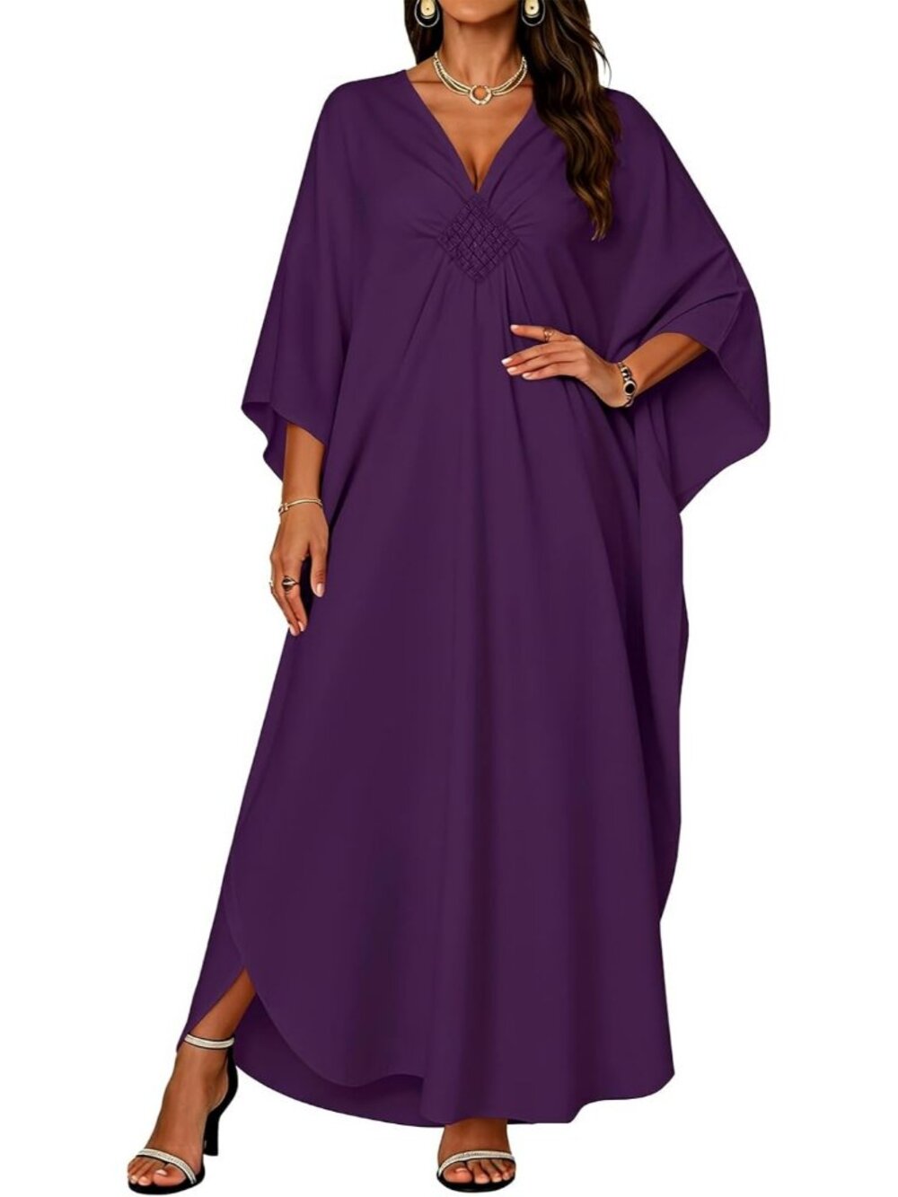 Women Purple Polyester Plus Size V Neck Printed Batwing Sleeves Kaftan Coverup